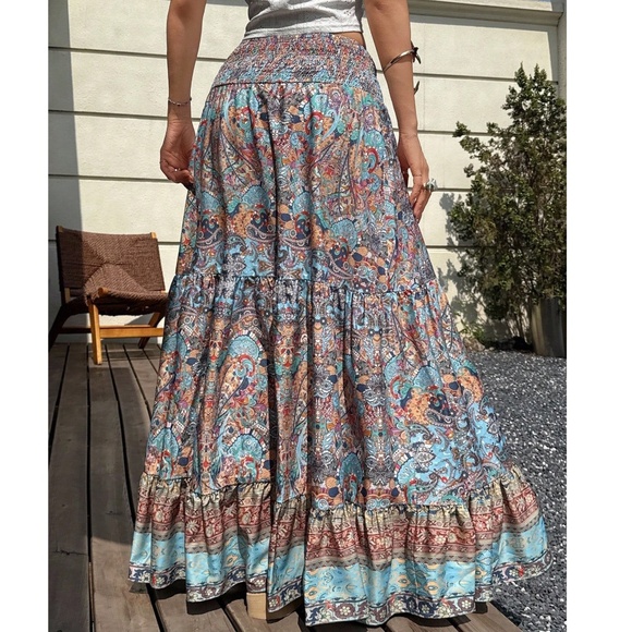 Boho Paisley Print Stretchy High Waisted Ruffle Hem Maxi Skirt - Picture 2 of 6